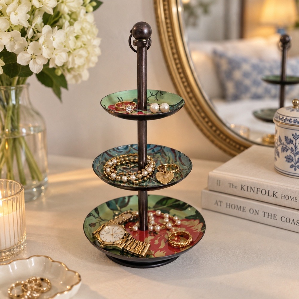 Tiered Jewelry Stand Multicolor Floral Metal 3-Tier Tray Cottagecore Boho